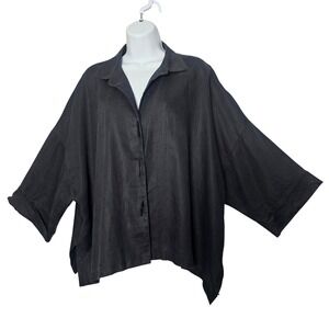Oversized Black Button-Front Linen Blouse